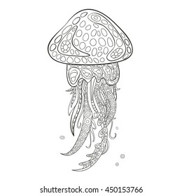 Hand drawn vector jellyfish in black and white zentangle doodle style.
Pattern for coloring book.