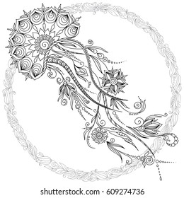 Hand drawn vector jellyfish in black and white zentangle doodle style. Pattern for coloring book.