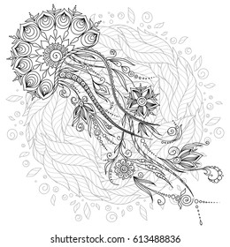 Hand drawn vector jellyfish in black and white zentangle doodle style. Pattern for coloring book.