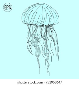 Hand drawn vector jellyfish. Sea marine animal collection. Modern line art. Dot work ocean tattoo collection. 