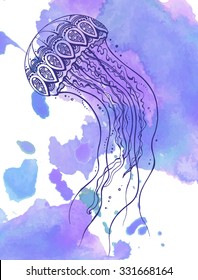 Hand drawn vector jellyfish in zentangle doodle style on blue watercolor texture