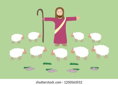 Hand drawn  vector of Jesus holding staff while take care of His sheep with green grasses and stone graphic icon on green background,  kids art style