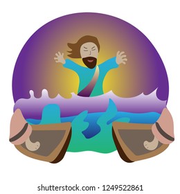 hand drawn vector Jesus raise hands up to stop the storm with disciple leg on boat on the sea, conceptual christian concept background, kids art style