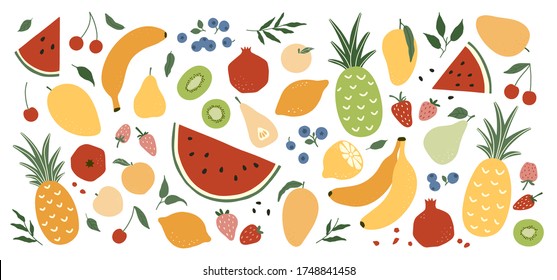 Hand drawn vector juicy fruits collection. Summer tropical set. Flat fruit elements and leaves isolated on white background. Simple vegetarian healthy food vector illustration. Healthy fresh nutrition