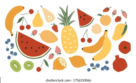 Hand drawn vector juicy fruits collection. Summer tropical set. Flat fruit elements and leaves isolated on white background. Simple vegetarian healthy food vector illustration. Healthy fresh nutrition