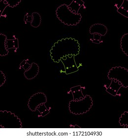Hand drawn vector kawaii broccoli endless pattern. Cartoon flat black broccoli background.