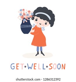 Hand drawn vector of kawaii cartoon girl angel fairy holding flower vase. Cute get well soon smiling girl illustration for  health convalescence card, feel better concept and wellness prayer clipart.