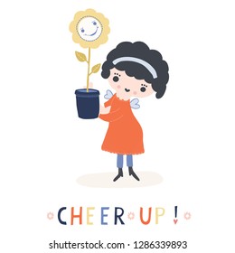 Hand drawn vector of kawaii cartoon girl angel fairy holding flower pot. Cute cheer up smiling girl illustration for get well soon convalescence card, feel better concept and wellness prayer clipart.