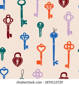 Hand drawn Vector Keys. Various vintage, antique and modern Keys. Different types, sizes. Square Seamless pattern. Background, Wallpaper, wrapping paper, poster template