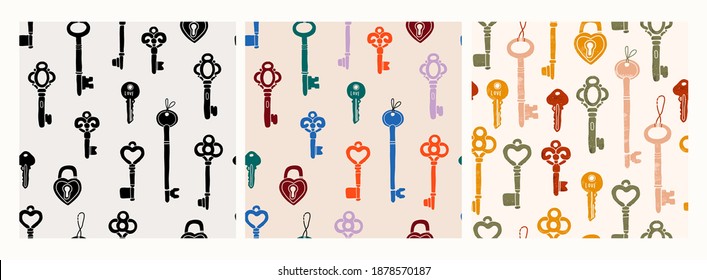 Hand drawn Vector Keys. Various vintage, antique and modern Keys. Different types, sizes. Set of three Square Seamless patterns. Background, Wallpaper, wrapping paper, poster template