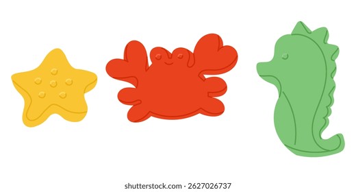 Hand drawn vector of kids beach toys shaped like starfish, crab and seahorse in bright colors. Concept of summer vacation, outdoor play and seaside fun for children in playful design
