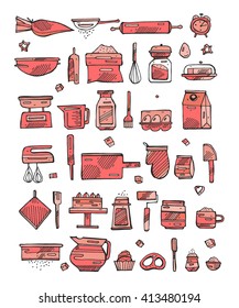 Hand drawn vector kitchen bakery cooking  tools  set in red coral colors.Graphic elements for web site design,cook book and recipes.