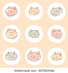 Colección de pegatinas de gatitos vectoriales dibujadas a mano. Perfecto para destacar la historia en medios sociales. Conjunto de dibujos de nueve lindos gatos.

