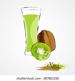 Hand drawn vector kiwi, citrus fruit and juice, on light background