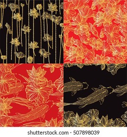 Hand drawn vector koi and lotus flower seamless background.