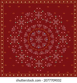 Hand drawn vector kolam design in a square with red background.