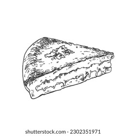 Hand drawn vector KunefeTurkish dessert line illustration. Sweet noodle nut dessert with goat cheese cream and sugar syrup, traditional street food of Turkey. Oriental kataifi pastry, cakes images. Te