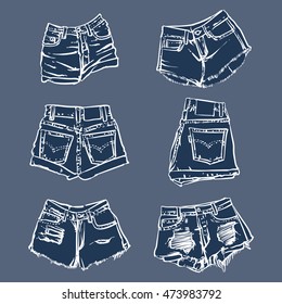 Hand drawn vector Lady fashion accessories on a white background. blue denim shorts vector illustration. denim fashion.