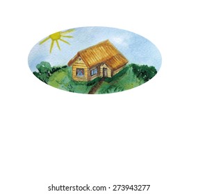 Hand drawn vector landscape with agrarian fields, village