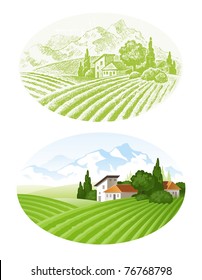 Hand drawn vector landscape with agrarian fields, village and mountains