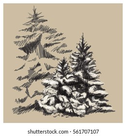 Hand drawn vector landscape art sketch. Trees with snow illustration isolated on light brown background.