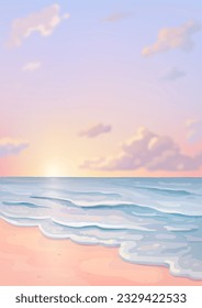 Hand drawn vector landscape background. Beautiful illustration of summer beach, sea and sky. Summer holidays poster, cover, card or banner design template
