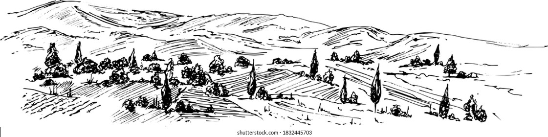 Hand drawn vector landscape black and white