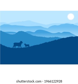 hand drawn vector landscape with blue mountains and sheep's. silhouettes of nature, sheep's and mountains. new Zealand landscape vector.