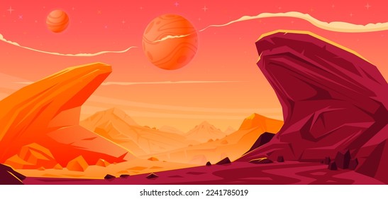 Hand drawn vector landscape of a fantastic red planet.