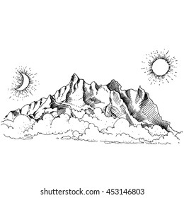 Hand drawn vector landscape with fog and mountains. sketch. vector eps 8