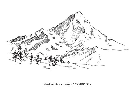 Hand drawn vector landscape with mountains, trees  in the mountains. Perfect for banner, poster and sticker design.