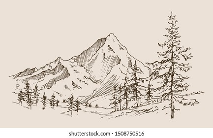 Hand drawn vector landscape with mountains, trees and village house in the mountains. 