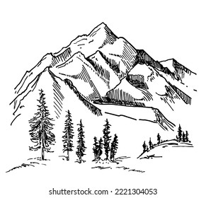 Hand drawn vector landscape with mountains, trees in the mountains. Nature illustration with mountains and forest at a glance. Silhouette landscape sketch. Ideal for banner, poster and sticker design