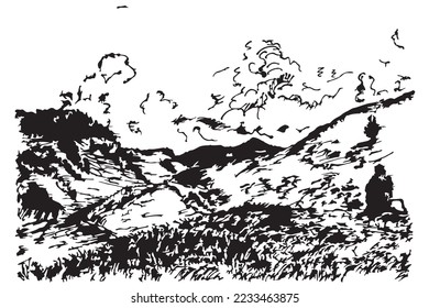 Hand drawn vector landscape with mountains, trees in the mountains. Perfect for banner, poster and sticker design. Sketch