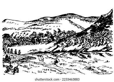 Hand drawn vector landscape with mountains, trees in the mountains. Perfect for banner, poster and sticker design. Sketch