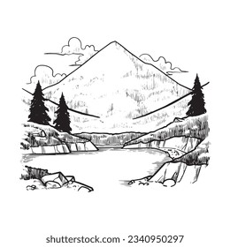 Hand drawn vector landscape with mountains, river and trees in the mountains.