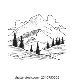 Hand drawn vector landscape with mountains, hills and trees in the mountains.