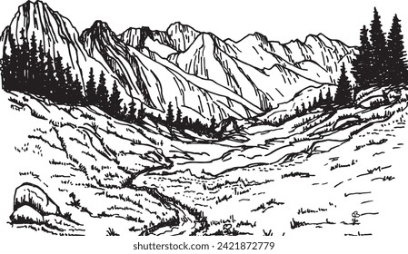 Hand drawn vector landscape with mountains, trees in the mountains. Mountains landscape sketch. Alpine landscape. Panoramic view of ridges and forest. Rural nature background. 