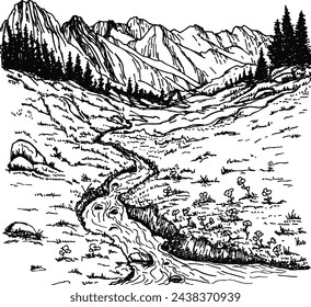 Hand drawn vector landscape with mountains, trees in the mountains. Mountains landscape sketch. Alpine landscape. Panoramic view of ridges and forest. Rural nature background. 