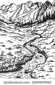 Hand drawn vector landscape with mountains, trees in the mountains. Mountains landscape sketch. Alpine landscape. Panoramic view of ridges and forest. Rural nature background. 