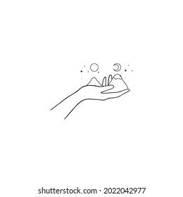 Hand drawn vector landscape on the hand with moon, sun and mountains. sketch.