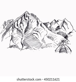 Hand drawn vector landscape with tent and mountains. sketch. vector eps 8