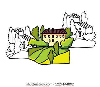 Hand drawn vector landscape of trees and houses. Villiage landscape. Rural view.