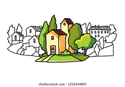 Hand drawn vector landscape of trees and houses. Villiage landscape. Rural view.
