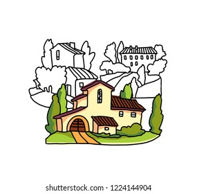 Hand drawn vector landscape of trees and houses. Villiage landscape. Rural view.