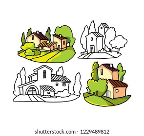 Hand drawn vector landscape of trees and houses. Villiage landscape. Rural view.