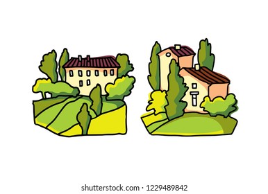 Hand drawn vector landscape of trees and houses. Villiage landscape. Rural view.