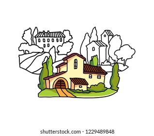 Hand drawn vector landscape of trees and houses. Villiage landscape. Rural view.