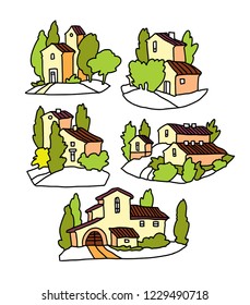 Hand drawn vector landscape of trees and houses. Villiage landscape. Rural view.
