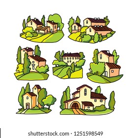 Hand drawn vector landscape of trees and houses. Villiage landscape. Rural view.